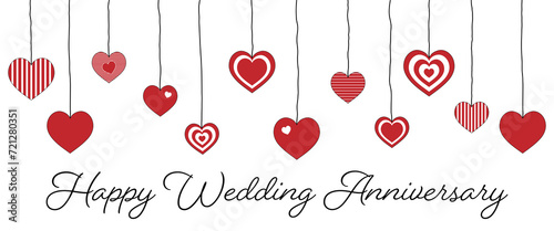 Happy Wedding Anniversary - Schriftzug in englischer Sprache - Alles Liebe zum Hochzeitstag. Grußkarte mit rot-weißen Herzen.