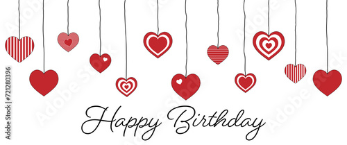 Happy Birthday - Schriftzug in englischer Sprache - Alles Gute zum Geburtstag. Grußkarte mit rot-weißen Herzen. photo
