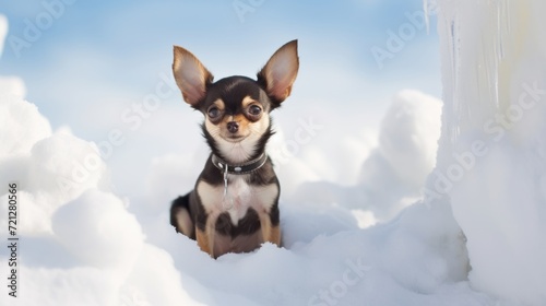 Festive toy terrier sitting on sparkling artificial snow - charming winter scene
