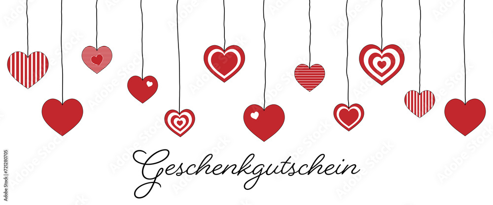 Geschenkgutschein - Schriftzug in deutscher Sprache. Gutscheinkarte mit rot-weißen Herzen.