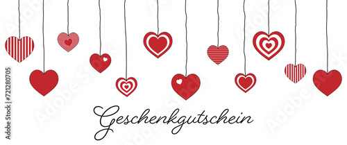 Geschenkgutschein - Schriftzug in deutscher Sprache. Gutscheinkarte mit rot-weißen Herzen.