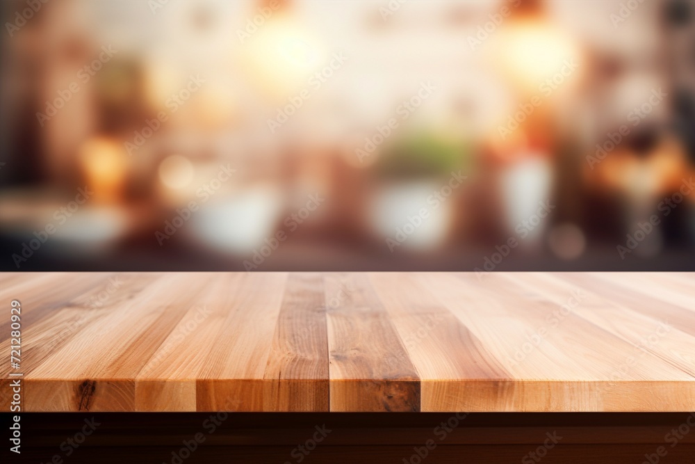 A wood table top takes center stage with a blurred kitchen backdrop, offering a perfect canvas for product montages and design concepts. Created with generative AI tools