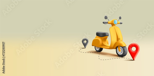 Scooter motorbike 3d render cartoon vector illustration, realistic detailed retro vintage classic scooter with geo pins and route