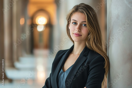 Beautiful young adult lawyer business woman professional in a suit at the courthouse 