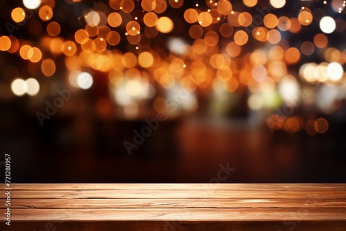 The wooden table takes center stage amidst the ethereal and blurred restaurant lights background, enhancing the ambiance of the dining area. Created with generative AI tools