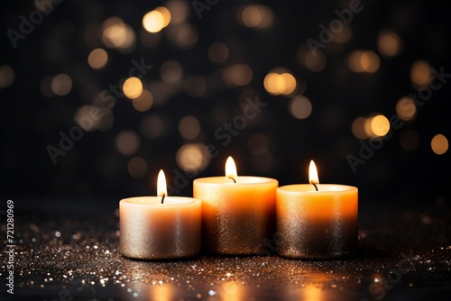 Three candles cast their warm glow against an abstract black background  fostering contemplation of a celebratory mood. festive concept with room for text. Created with generative AI tools