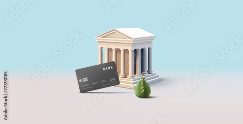 Bank Building 3d realistic render illustration with bag of money and credit card, modern financial render composition