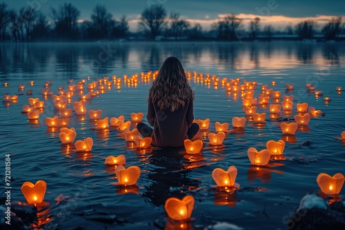 A person creating a time-lapse of heart-shaped lanterns lighting up a serene lake