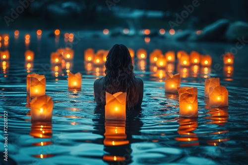 A person creating a time-lapse of heart-shaped lanterns floating on a tranquil lake