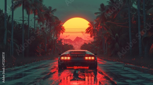 sunset car driving down the road, in the style of surreal cyberpunk