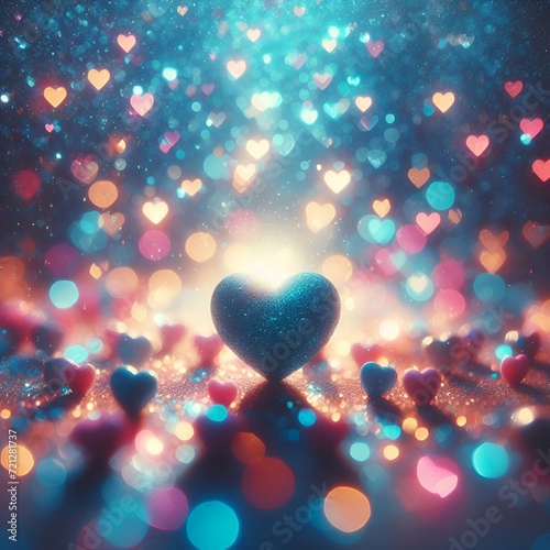 heart shaped bokeh, blue and pink, confetti, blurry heart background, romantic, valentine's day, depth of field, heart shaped multicolored lights, haze, rainbow, blue blurred background