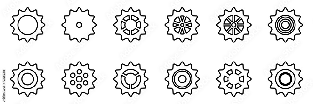 Gears icon set. Setting gears icon. Collection of mechanical outline cogwheels. Simple Gear wheel collection. Gear icons silhouette. Vector illustration with cogwheels sign set on white background. Gears icon set. Setting gears icon. Collection of mechanical outline cogwheels. Simple Gear wheel collection. Gear icons silhouette. Vector illustration with cogwheels sign set on white background.