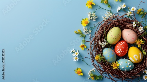 easter illustration nest with colorful easter eggs and flowers on blue background