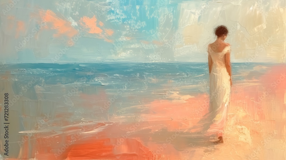 Enchanting Impressionist Art. Woman Amidst Beach Bliss, Embracing Lightness