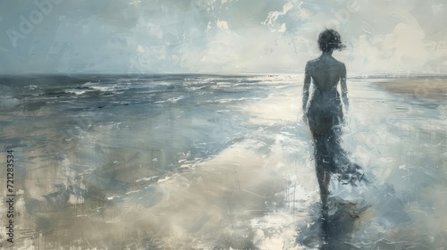 Impressionist Beachscape. Serene Woman Embracing Lightness by the Shore 