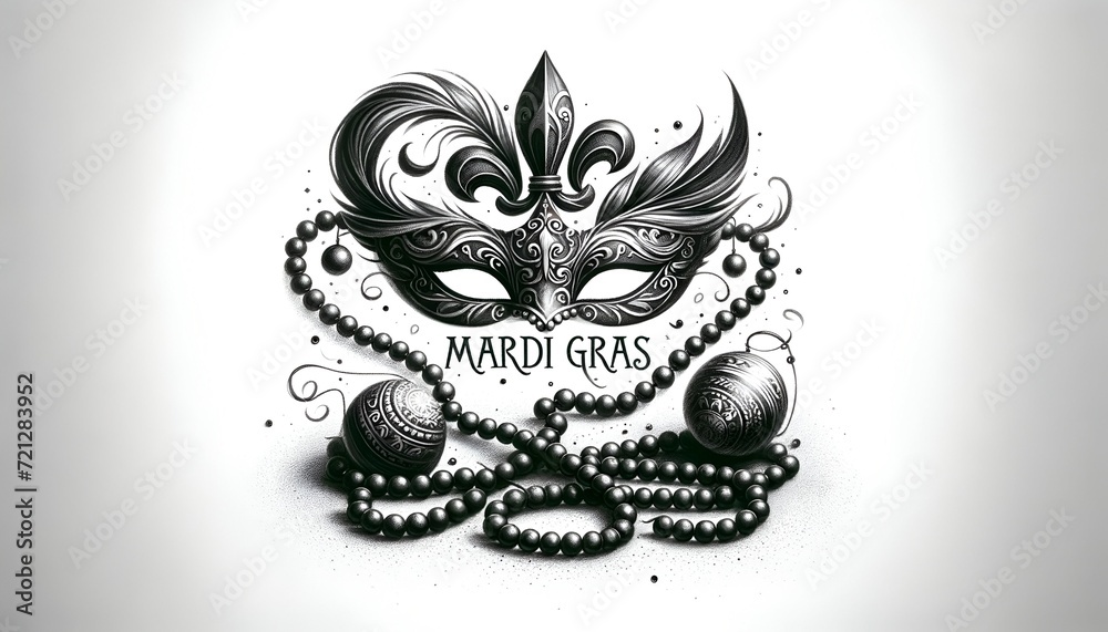 Mardi gras mask, beads, and fleur de lis in charcoal style.