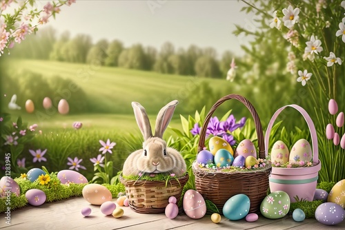 Small ,baby rabbit in easter basket with fluffy fur and easter eggs in the fresh,green spring landscape. Ideal as an easter card or greeting card or wallpaper. photo