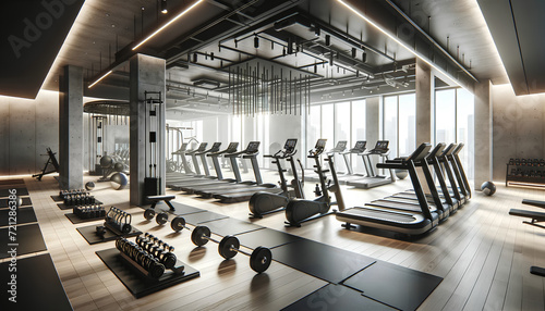Modern Urban Gym with Fitness Equipment and City View. Full gym inside the condominium. AI Generative.