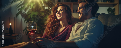 Happy young couple sitting on a sofa and drinking wine, enjoying their time together. A couple in love