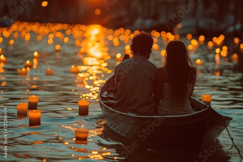 A romantic boat ride with a couple surrounded by floating candles