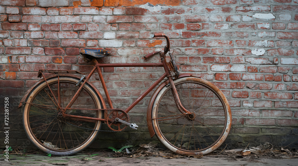 rostiges altes Fahrrad an einer alten Hausfassade Mauerwerk sichtbar Generative AI