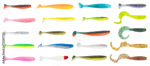 Multicolored silicone fishing baits isolated on white background. Spinning bait. Set of bait. Composition of silicone bait for fishing. photo