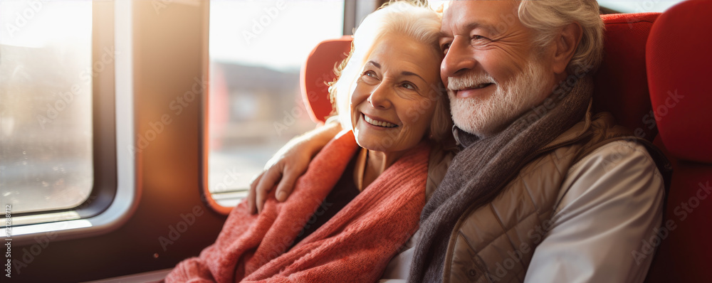 Fototapeta premium Happy senior couple having fun and enjoying their train trip