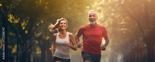Happy and healthy looking senior couple is joging in the amazing park. Active retirement concept. Stay healthy