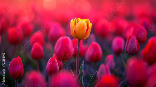 A bright yellow tulip among red tulips on a tulip field in sunset lighting. photo