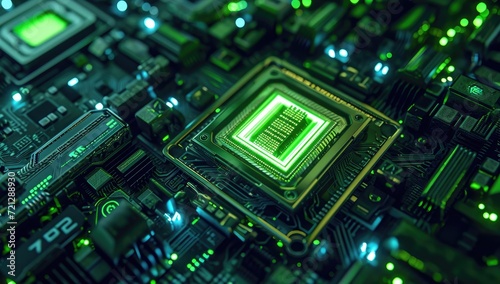 An electronic circuit board serves as the backdrop, symbolizing central computer processors within the realm of technology. photo