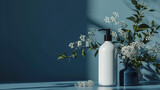 Shampoo pump bottle bottle with blank label and vase with flowers on a navy blue background. Mock up. Copy space.