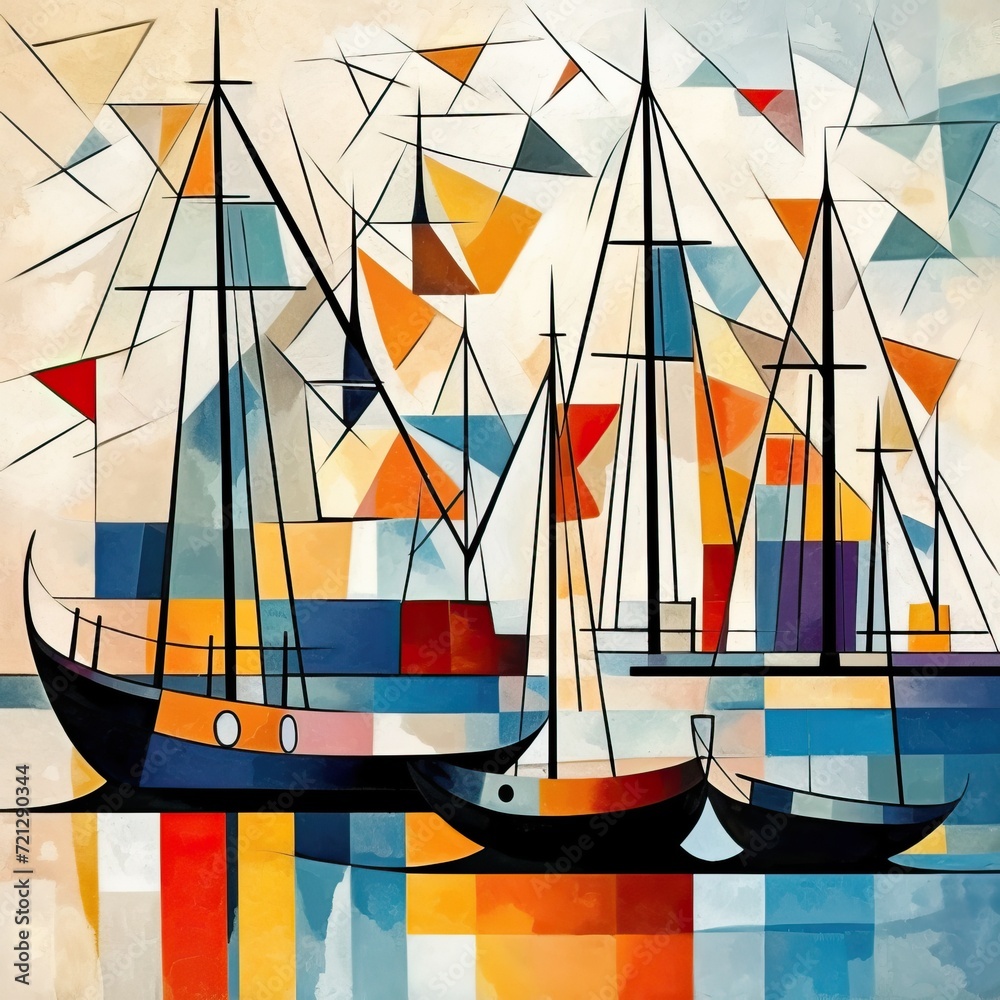 Sailing boats with lowered sails at the pier, abstraction, geometric shapes and lines, Kandinsky style