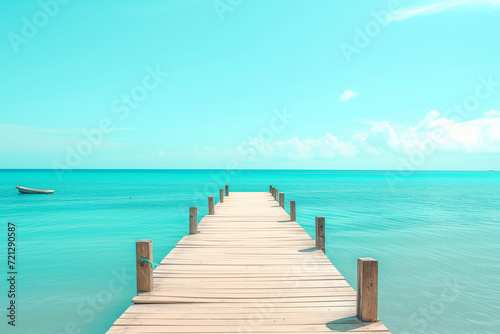 Dock extending into clear blue waters. Serene waterfront scene. Ideal image for conveying a tranquil and inviting atmosphere  capturing the beauty of a peaceful waterside setting.