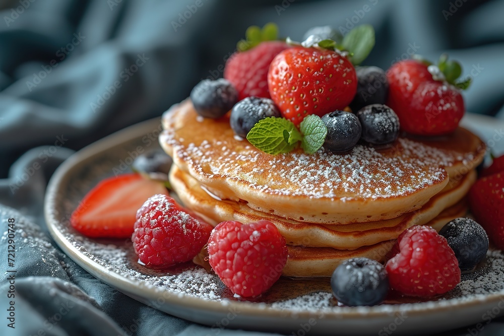 A surprise breakfast in bed with heart-shaped pancakes and fresh berries A surprise breakfast in bed with heart-shaped pancakes and fresh berries