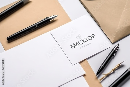 Elegant corporate identity mockup with business cards, envelopes, and pens on a beige background.
