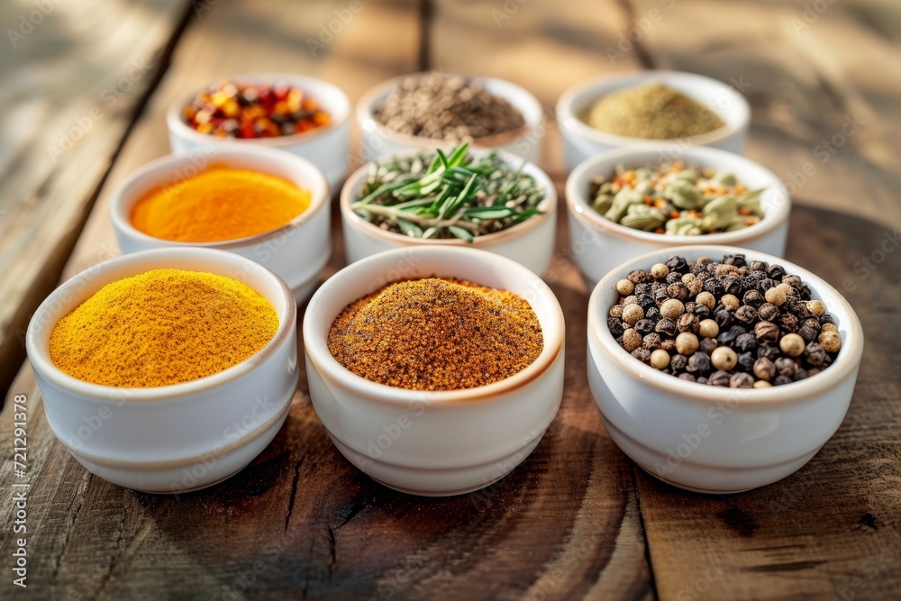 A set of various colorful spices in glass jars, ceramic bowls and wooden bowls. The intricate details of each spice bring them to life. Generative AI A set of various colorful spices in glass jars, ceramic bowls and wooden bowls. The intricate details of each spice bring them to life. Generative AI