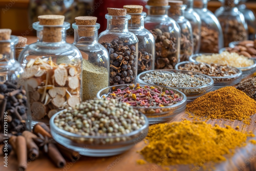 A set of various colorful spices in glass jars, ceramic bowls and wooden bowls. The intricate details of each spice bring them to life. Generative AI A set of various colorful spices in glass jars, ceramic bowls and wooden bowls. The intricate details of each spice bring them to life. Generative AI