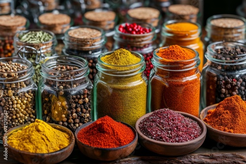 A set of various colorful spices in glass jars, ceramic bowls and wooden bowls. The intricate details of each spice bring them to life. Generative AI