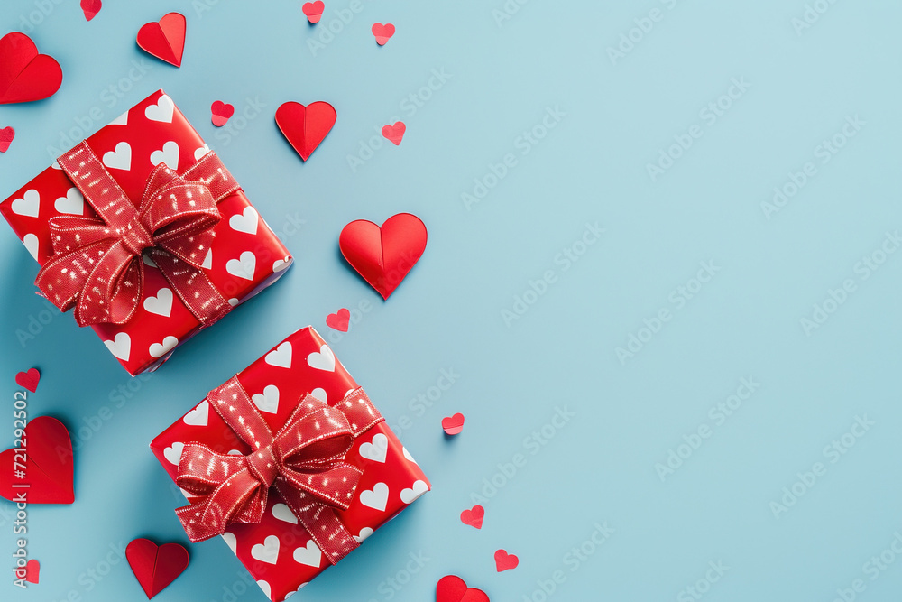 Gift boxes with red ribbon bow and hearts on blue background. Happy Valentine's Day banner design. Flat lay, top view. Generative AI Gift boxes with red ribbon bow and hearts on blue background. Happy Valentine's Day banner design. Flat lay, top view. Generative AI