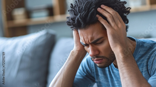 Tired young man sit on couch touch massage head suffer from headache or migraine, exhausted millennial male feel fatigue having sleep deprivation or dizziness