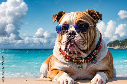 A dog with glasses rests on the beach against the backdrop of the sea. Generative AI