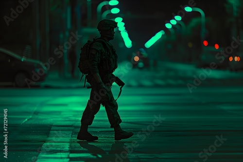 A cinematic shot of an armed soldier walking along a city street at night