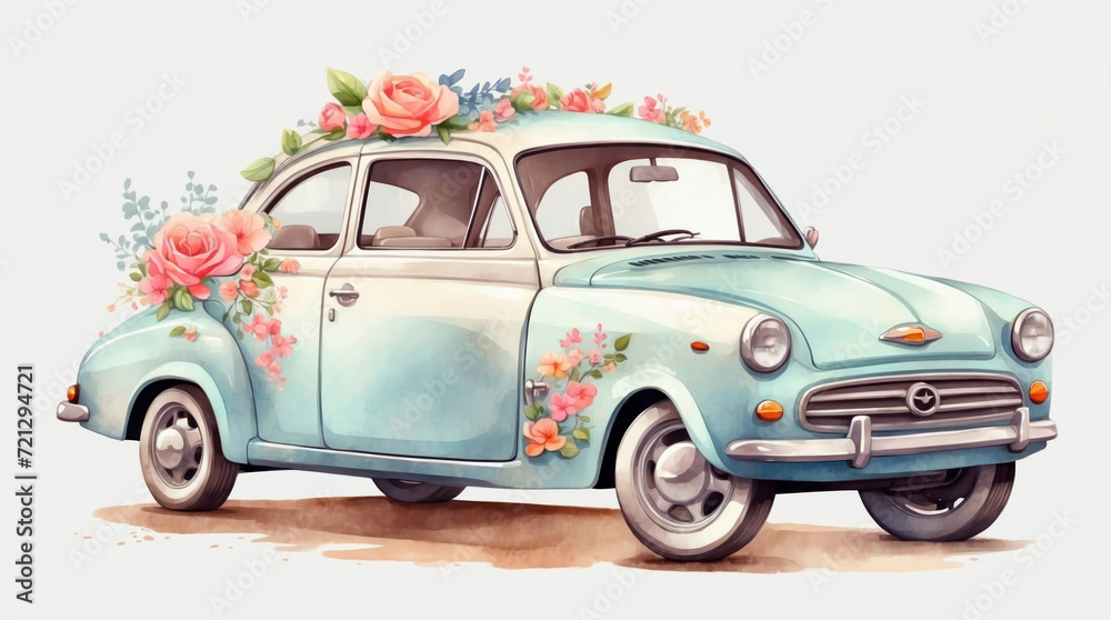 Retro watercolor car with flowers in pastel colors, AI generated