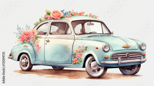 Retro watercolor car with flowers in pastel colors  AI generated