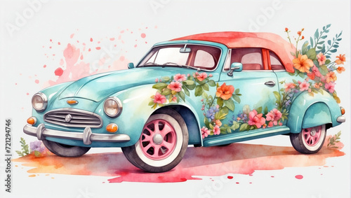 Retro watercolor car with flowers in pastel colors, AI generated
