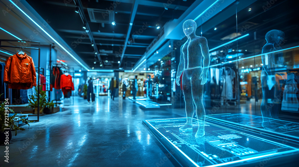 futuristic clothing store with holographic human models and modern design