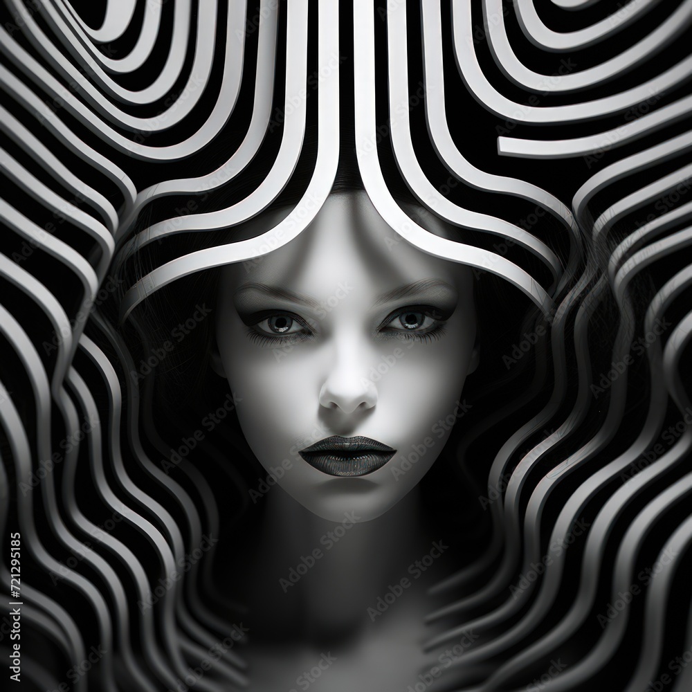 A fashion photo of a women in black and white against a stripe of lines. Monochromatic studio photography. A fashion photo of a women in black and white against a stripe of lines. Monochromatic studio photography.