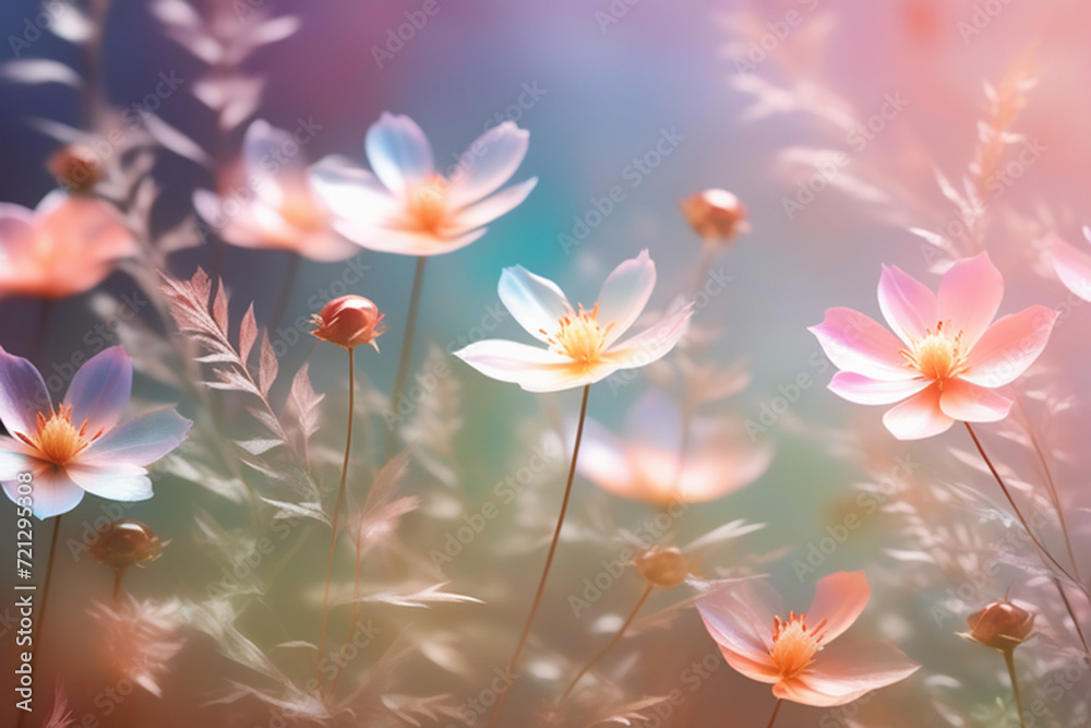 Small pink flowers on a soft baby blue and pink background outdoors. Floral background.