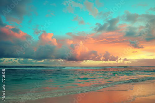 Closeup of sandy beach. Panoramic tropical seascape. Sunset sky over tranquil ocean. Inspiring beach horizon. Relaxing summer mood. Vacation travel banner with warm hues.
