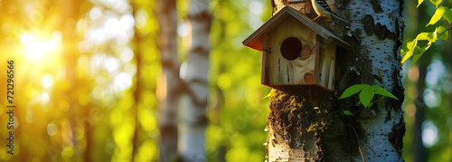 Birdhouse, nesting box on the tree trunk in the summer forest, sunny day photo